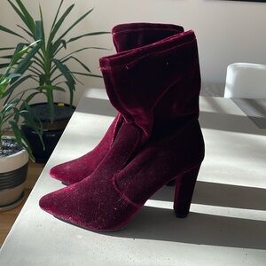 Beautiful  deep burgundy velvet sock heeled boots